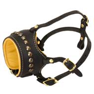 Open Nose Studded Leather Black Russian Terrier Muzzle With Nappa Padding  Open Nose Studded Leather Black Russian Terrier Muzzle With Nappa Padding