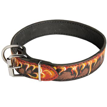 Buckle Leather Dog Collar with Fire Flames for Black Russian Terrier