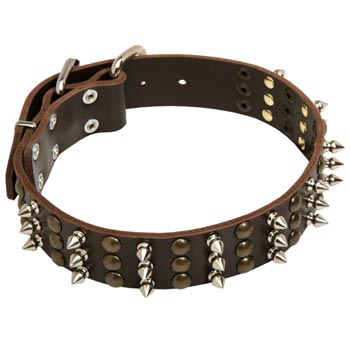 Black Russian Terrier Handmade Leather Collar 3  Studs and Spikes Rows